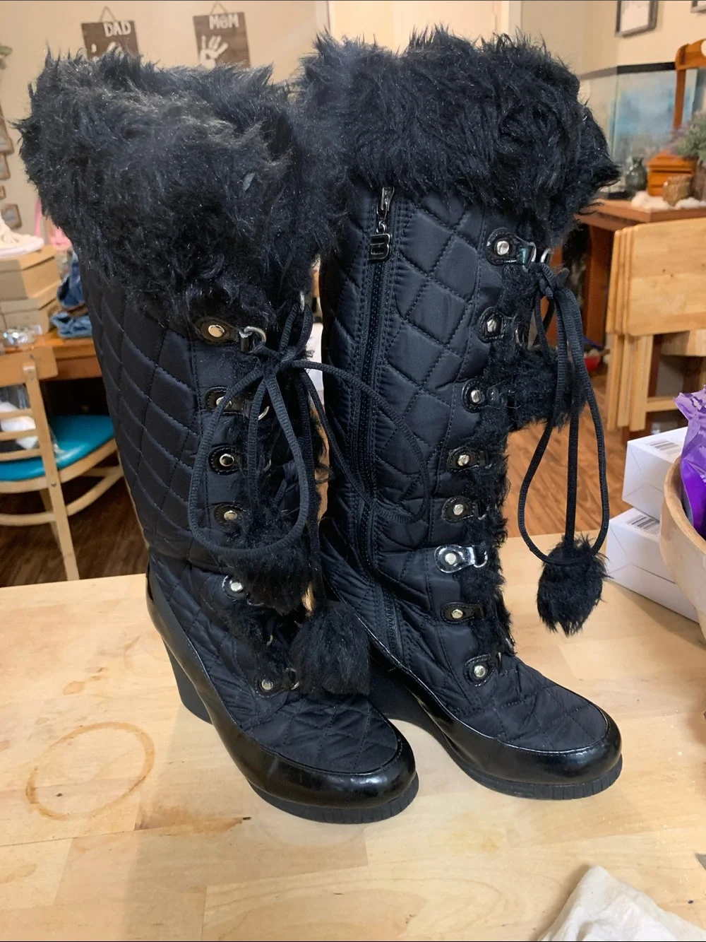 bebe Sport Black Quilted Faux-Fur Winter Lace-Up Boots